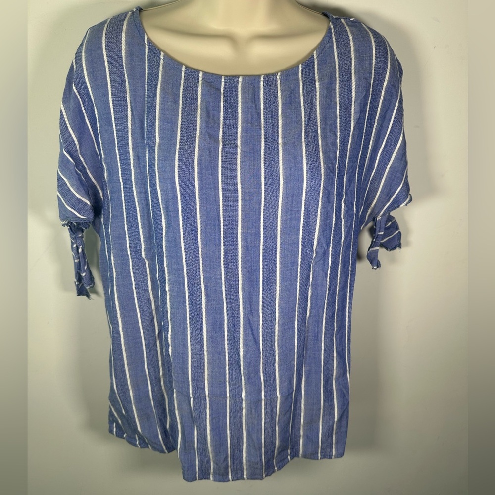 Promod Blue White Striped Short Sleeve Blouse, Tie Detail size medium